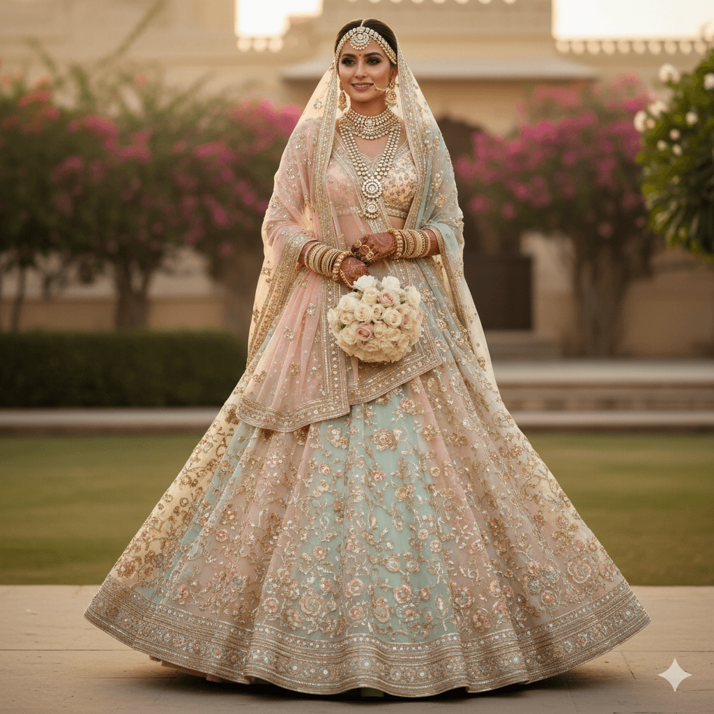 Stunning bride in pastel mint and pink lehenga for Indian wedding