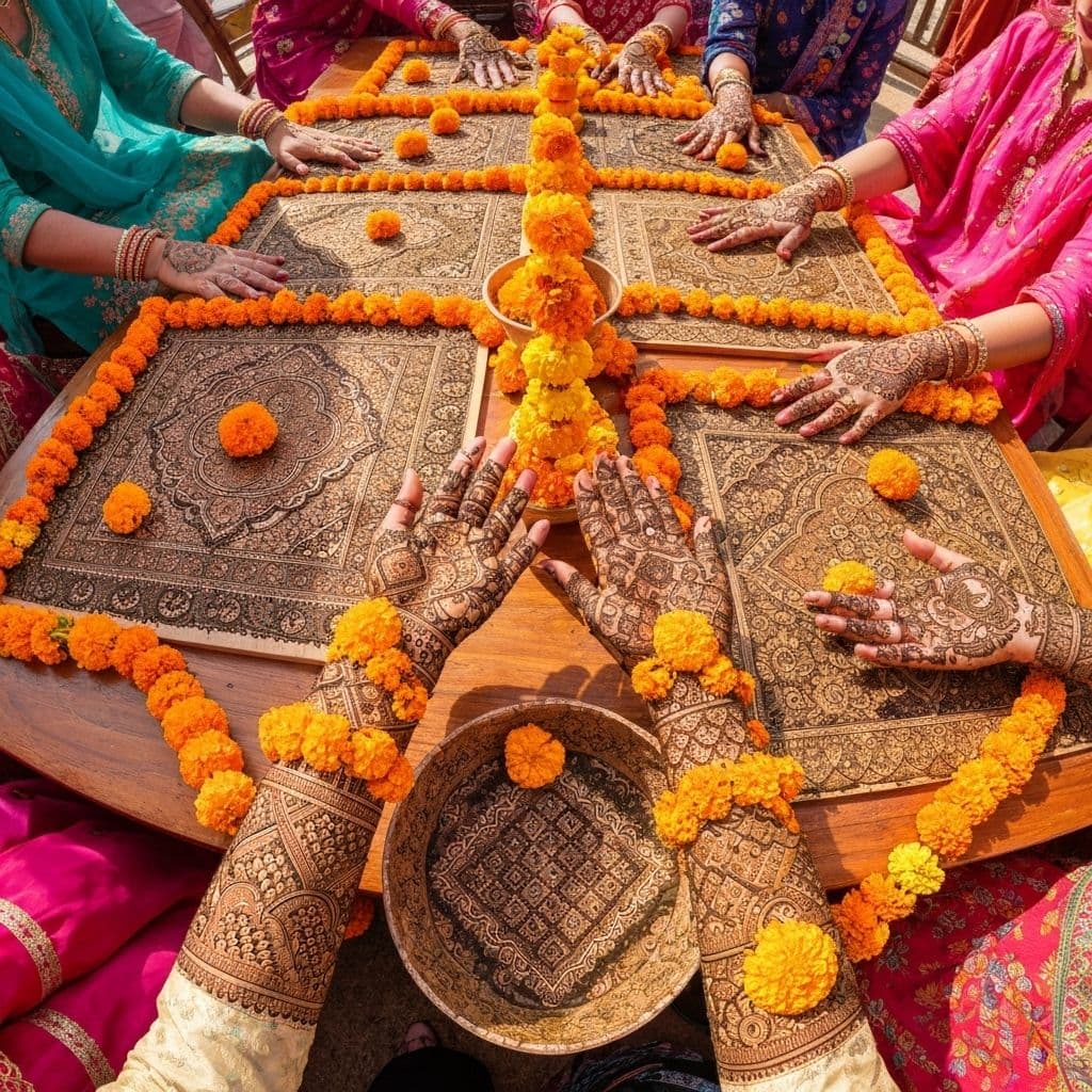 Vibrant Mehndi ceremony decoration with marigold flowers and colorful drapes