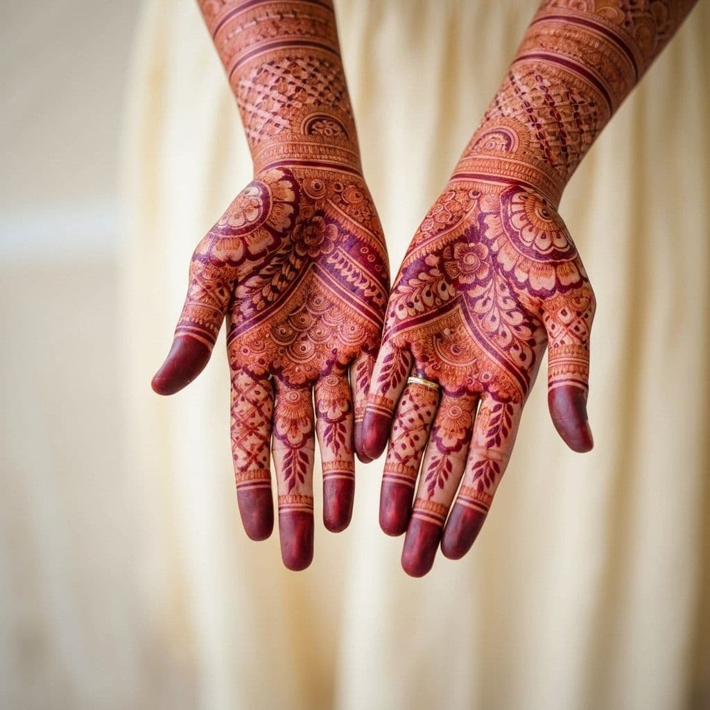Indian bride's hands adorned with intricate mehndi henna designs showing traditional patterns