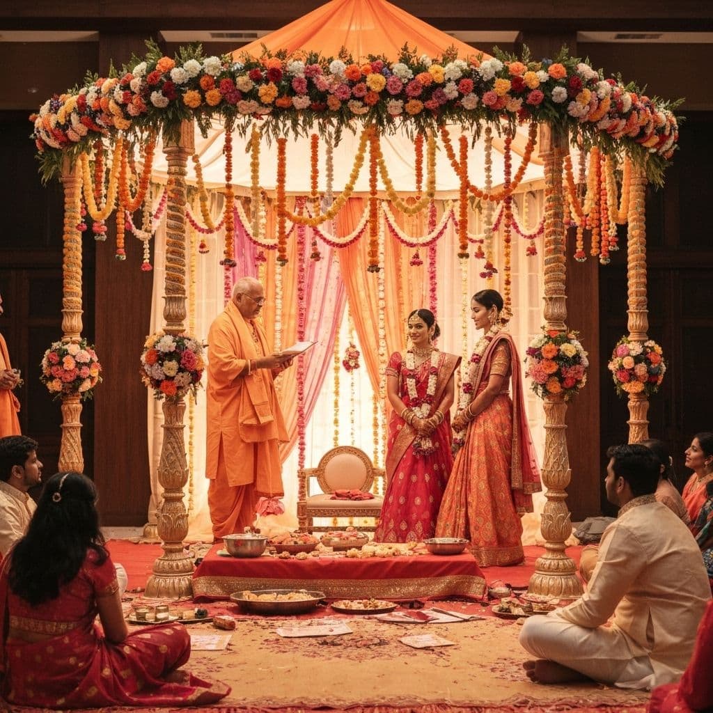 Traditional Indian wedding mandap ceremony with priest and couple