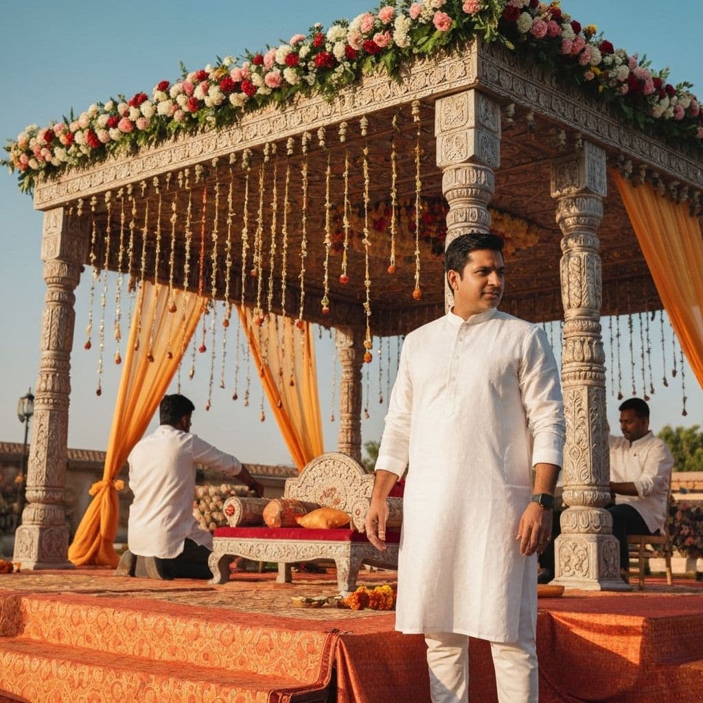Professional Indian wedding planner coordinating a beautiful mandap ceremony