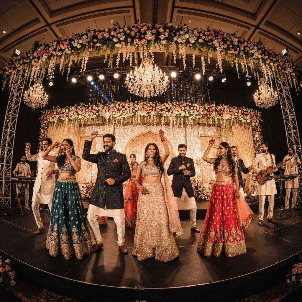 Vibrant Indian wedding Sangeet night with dancing and performances