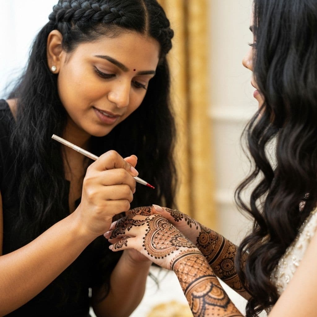 Skilled mehndi artist applying intricate henna design on bride's hands