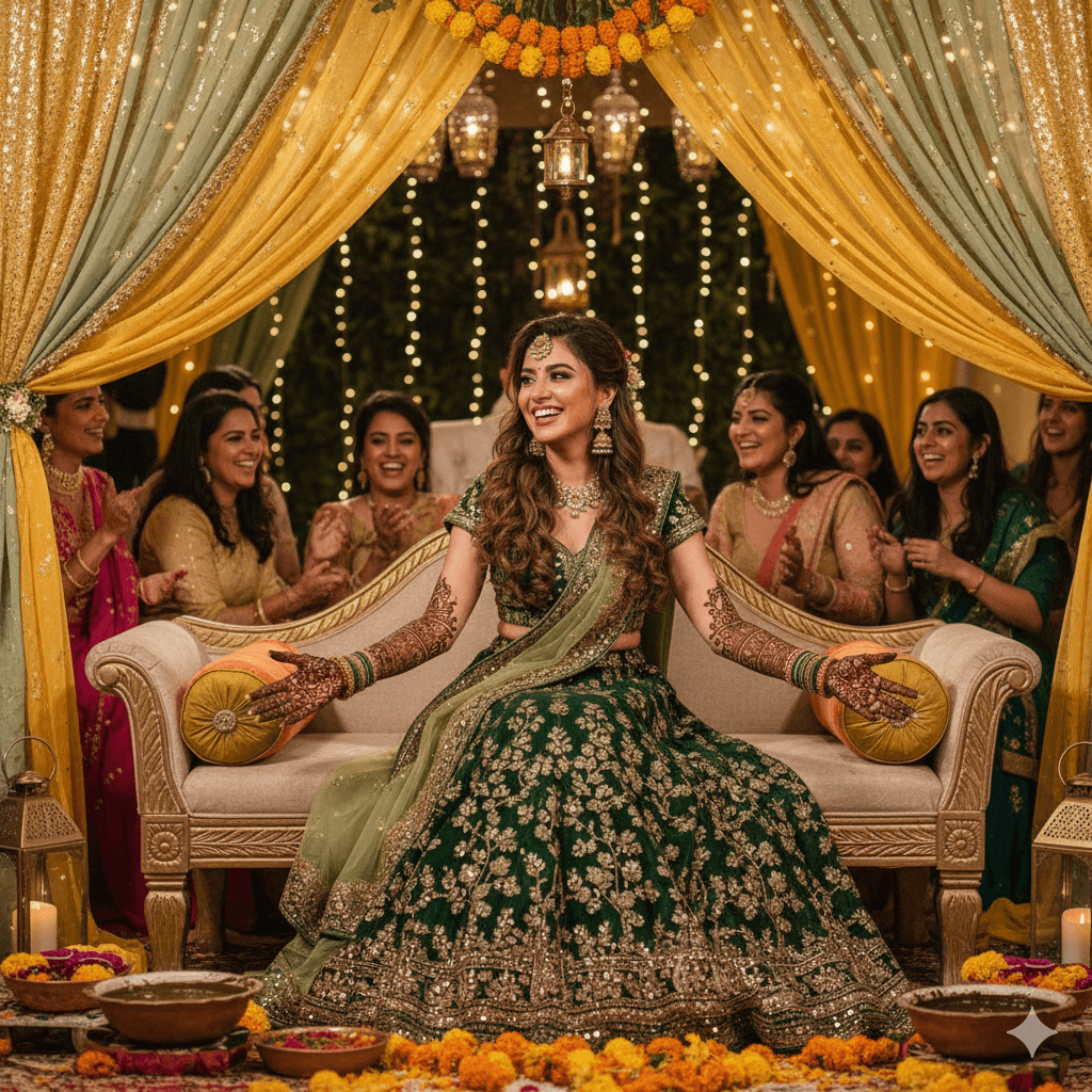 Beautiful mehndi ceremony with intricate henna designs on bride's hands