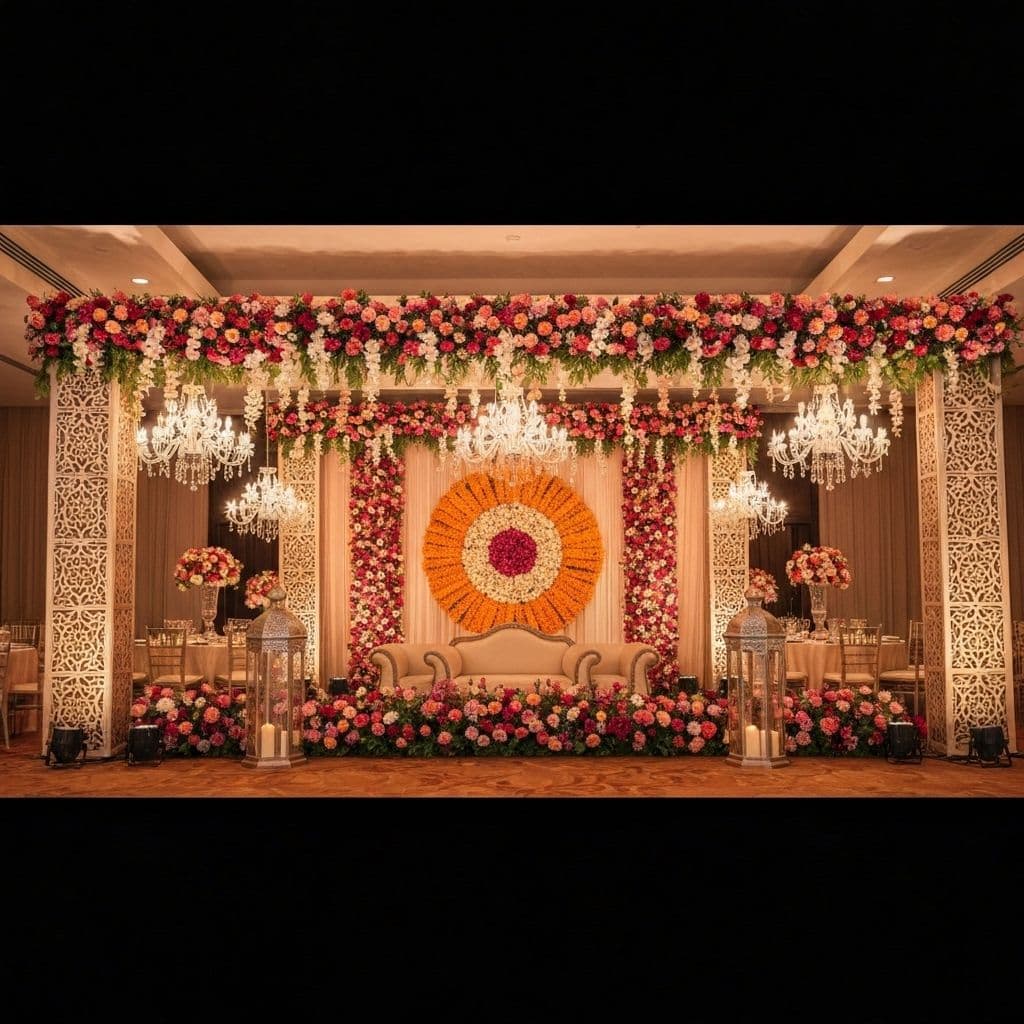 Elegant South Asian wedding reception with traditional decor and modern lighting