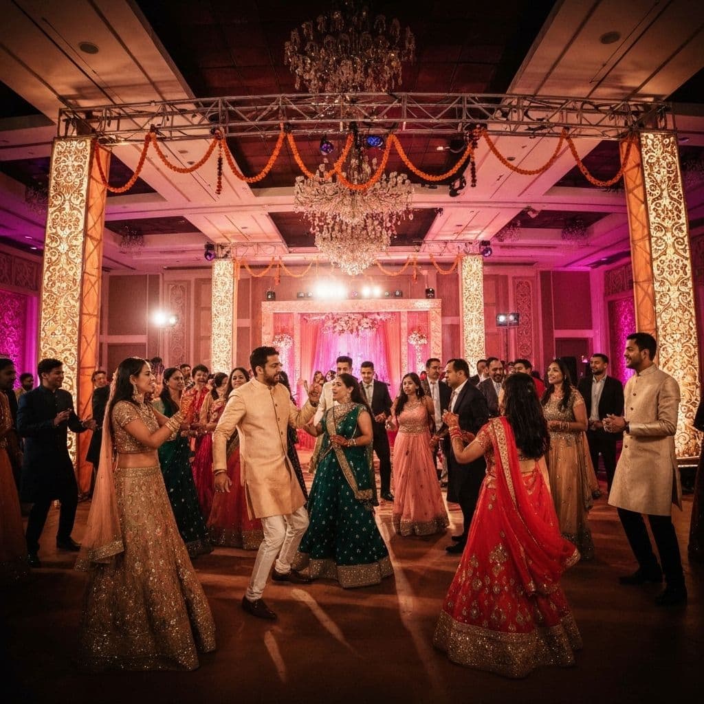 Vibrant Indian wedding Sangeet night with dancing and colorful lights