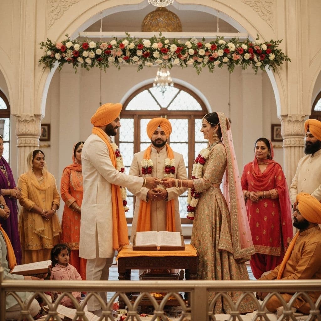 Beautiful Punjabi Sikh wedding couple during Anand Karaj ceremony at Gurdwara