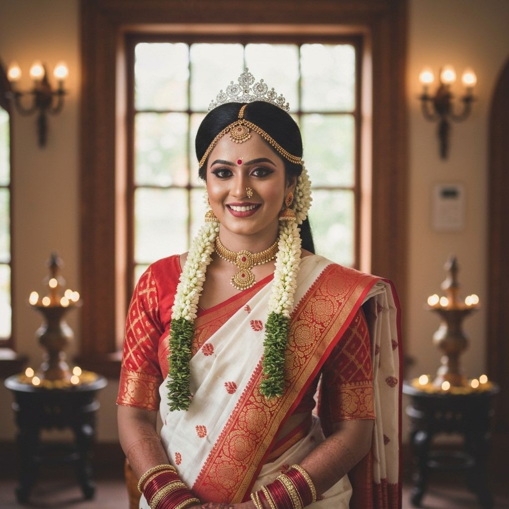 Bengali bride in traditional white saree with red border and topor (traditional Bengali wedding crown)