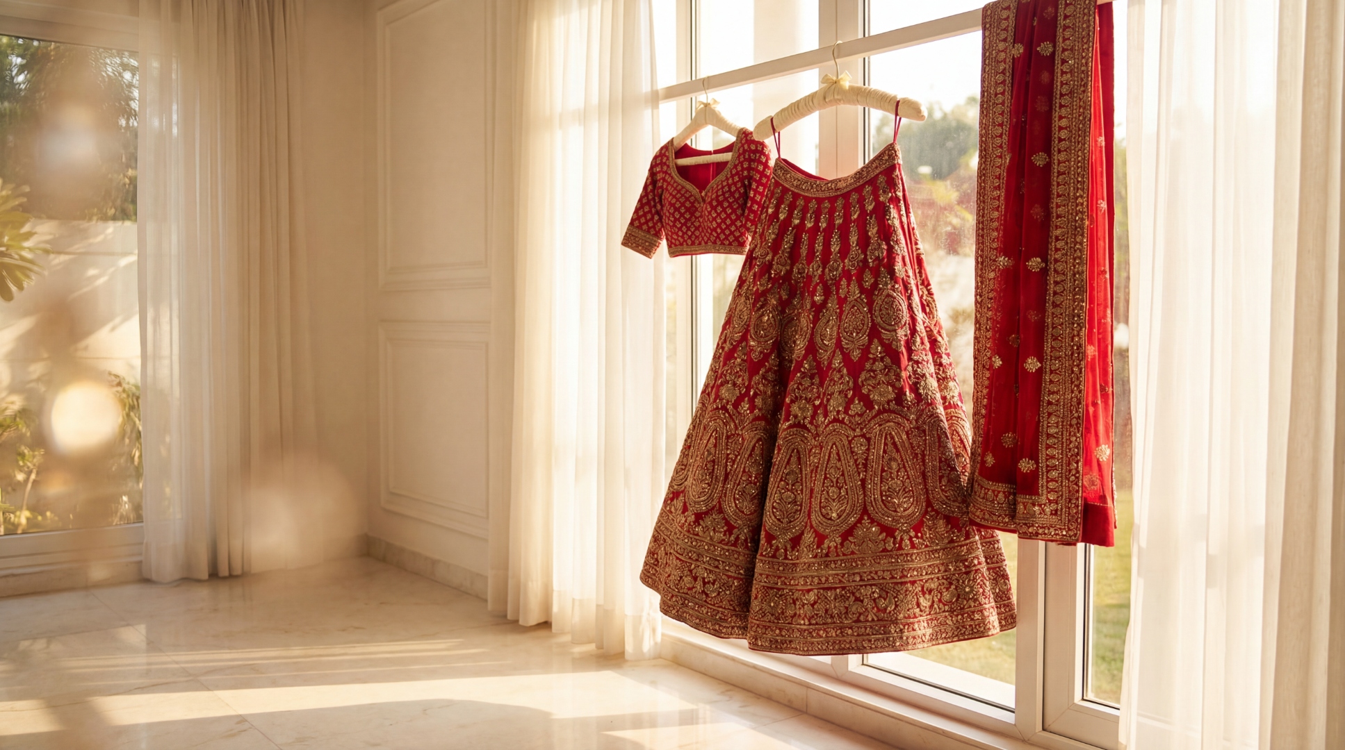 Red and gold bridal lehenga with intricate zardozi embroidery sourced from India for NRI bride in USA by CeremonyVerse Indian wedding shopping concierge