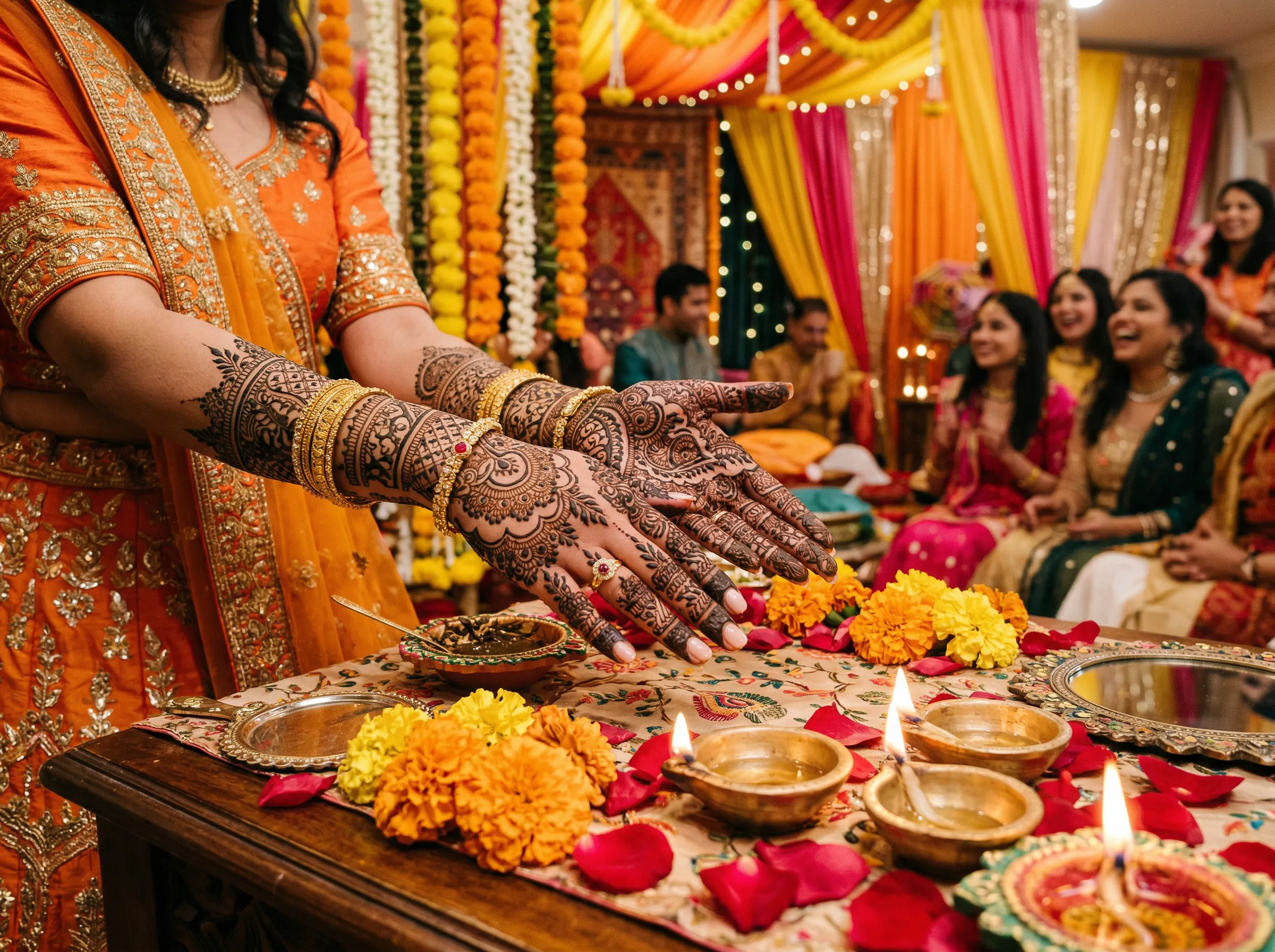 Mehndi ceremony with brass diyas and marigolds