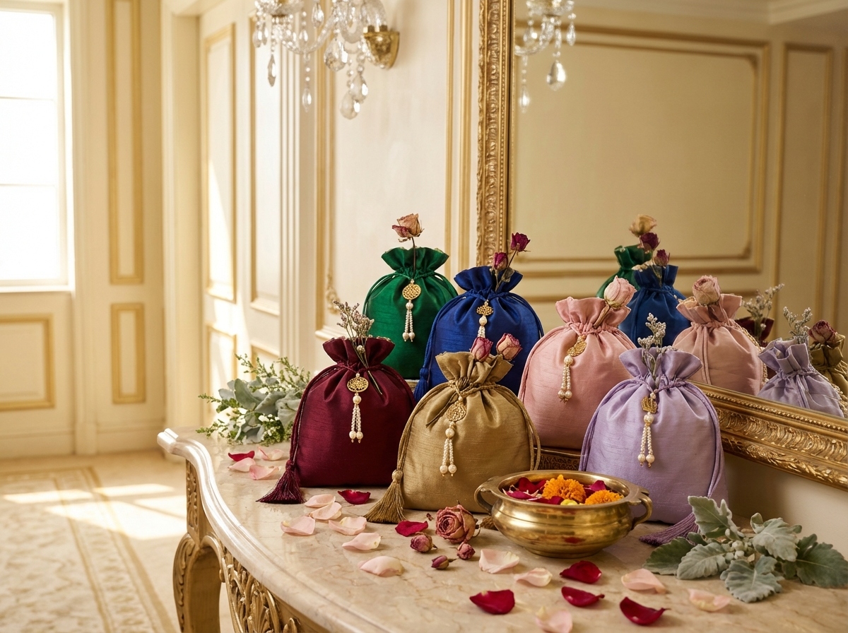 Silk potli bags as wedding return gifts