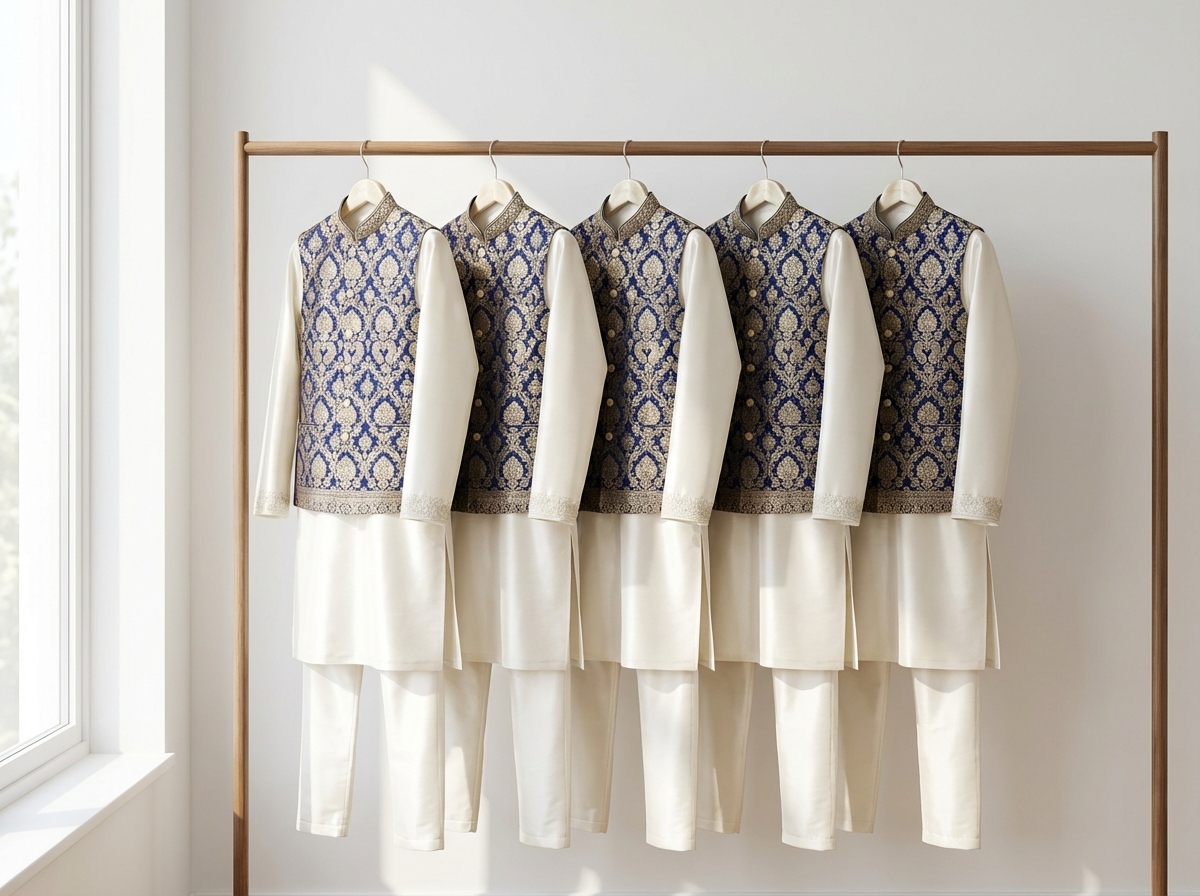 Groomsmen kurta sets coordinated with groom sherwani — sourced from India by CeremonyVerse