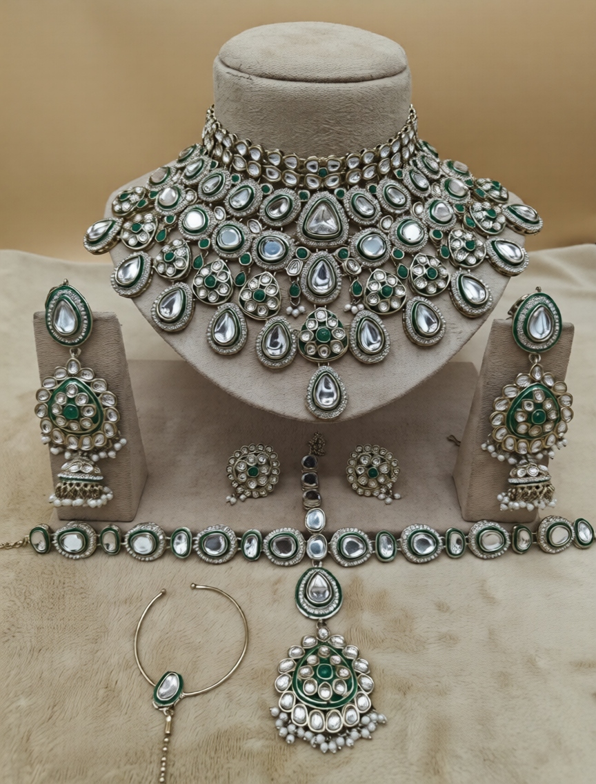Authentic kundan polki bridal jewelry set with emerald green stones — sourced from India for NRI brides in USA by CeremonyVerse