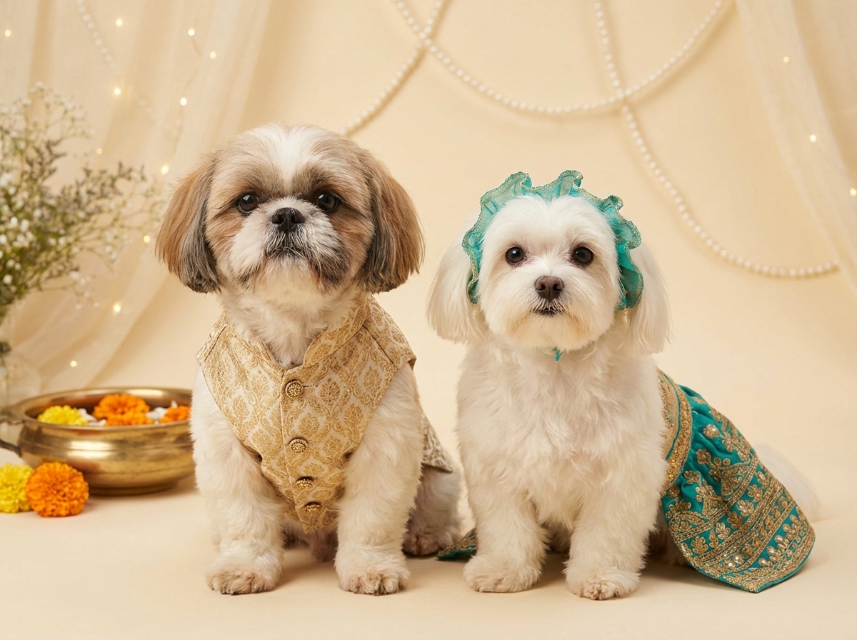 Two dogs in Indian wedding outfits — sherwani and lehenga