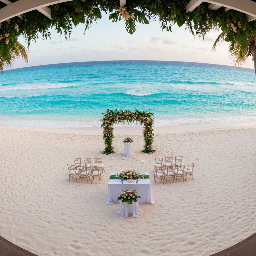 Indian destination wedding at luxury Mexico beach resort in Cancún with ocean views and mandap setup