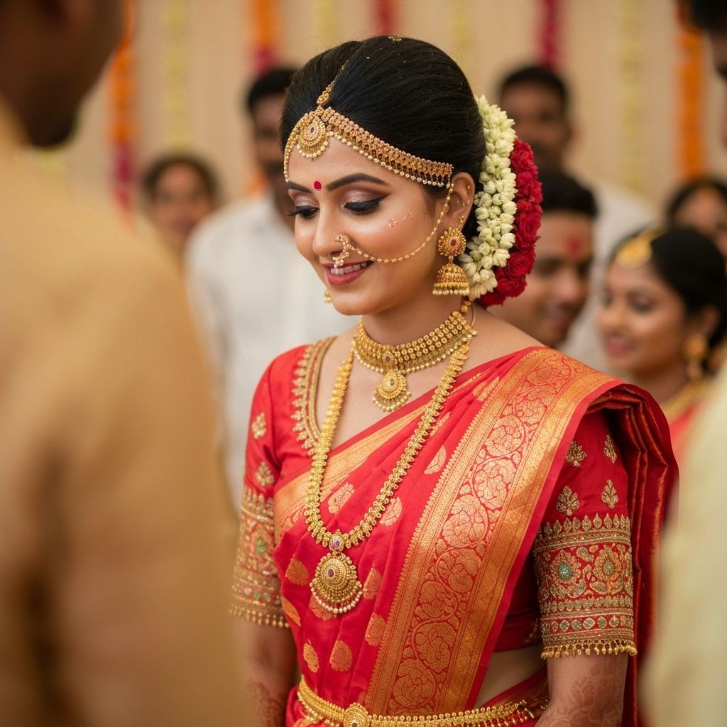 Telugu bride in traditional red Kanjivaram silk saree with elaborate gold jewelry for South Indian wedding